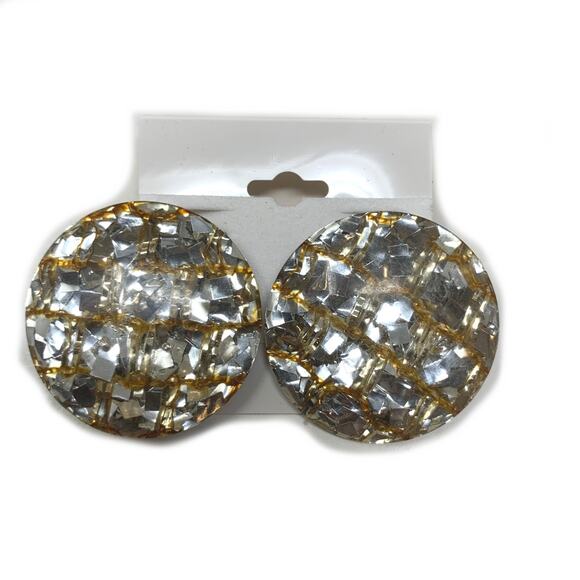 Vintage 1980's Metallic Flake Acrylic Domed Huge Earrings Clip On Runway Couture - Picture 5 of 5